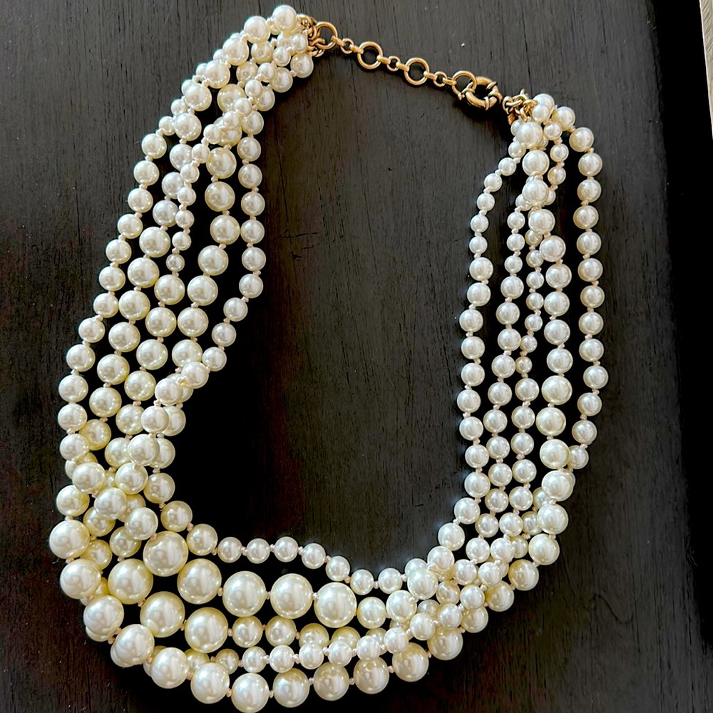 J. Crew Ivory Multi-Strand Faux Pearl Statement Necklace with Gold Chain